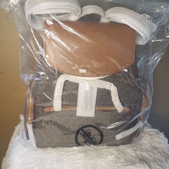 MICHAEL KORS Jet Set Large Logo Backpack Brown Gold Chain Leather Trim NWT - Picture 5 of 5